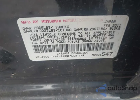 2011 Mitsubishi Lancer Es from USA, damaged, VIN JA32U2FU3BU031207